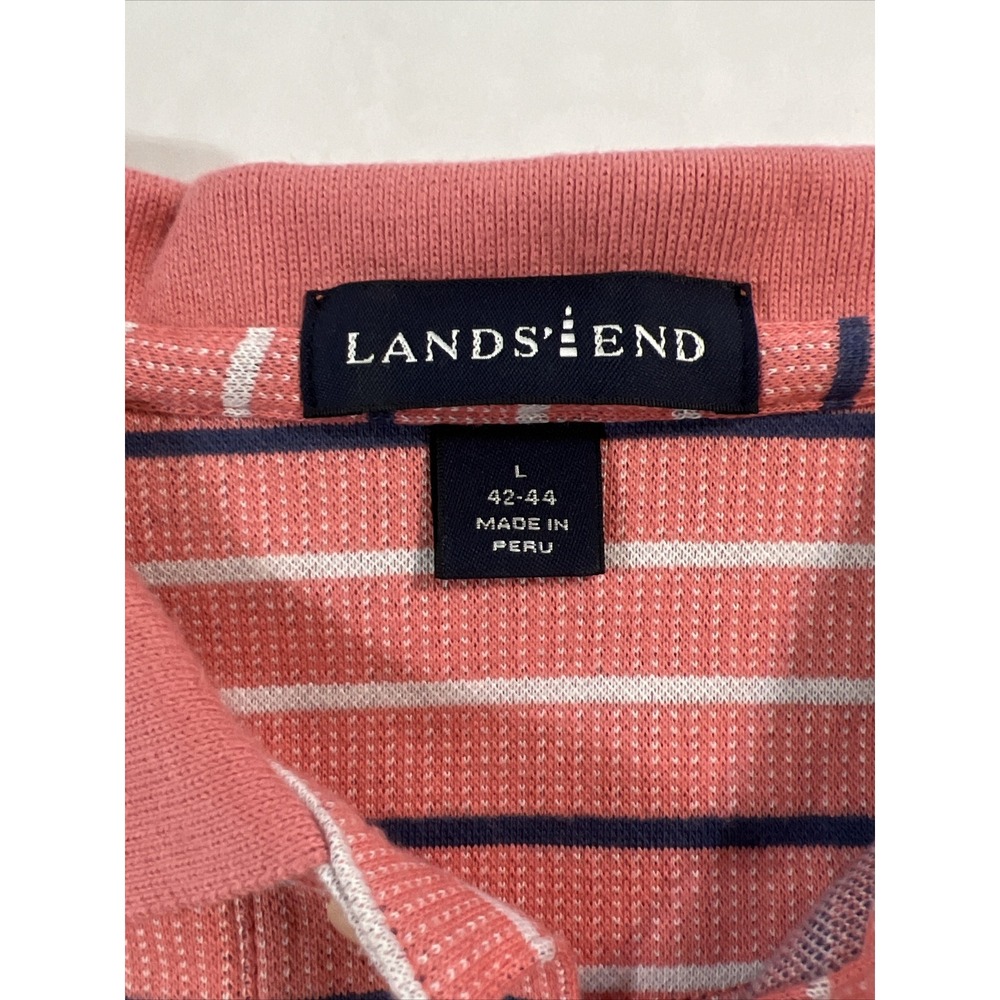 Lands' End Polo Shirt Pink W/Navy & White Stripes Mens SZ Large Classic Preppy - Picture 3 of 16